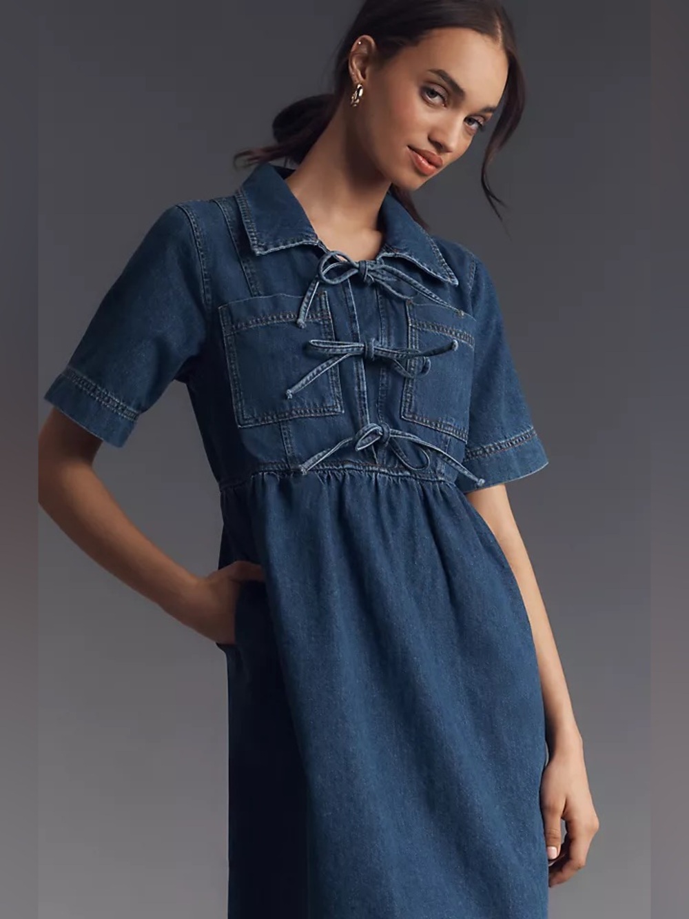 Aligne Effy Short Sleeve Tie-Front Denim Midi Dress - Blue Size 6